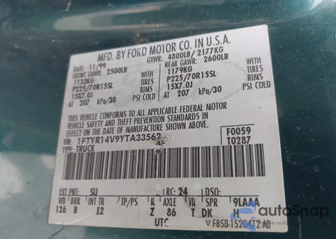 2000 Ford Ranger Xl/Xlt z USA, uszkodzony, nr VIN 1FTYR14V9YTA33562